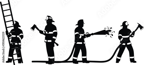 Firefighter teamwork concept showing emergency response crew with ladder axe and water hose silhouette illustration vector black white design icons