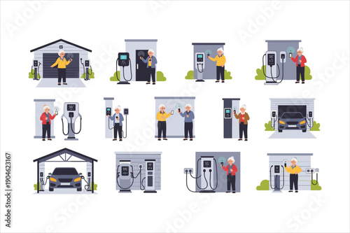 Elderly people using electric vehicle charging stations at home with modern smartphones