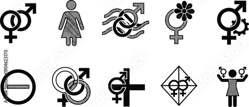 Gender equality and diversity symbols icon set, male female transgender signs, sexuality concepts, black and white vector illustration collection isolated