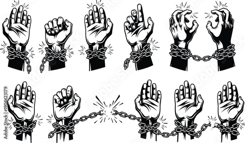 Freedom liberation concept showing chained hands breaking shackles symbolizing human rights resistance protest independence power silhouette vector illustration