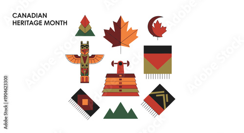 Canadian Heritage Month Icons: Maple Leaf, Totem Pole, Crescent Moon