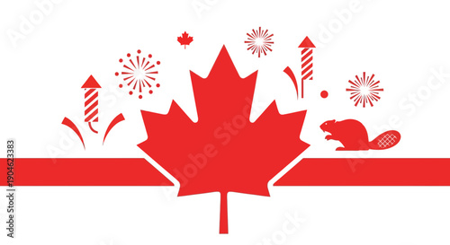 Canada Day Celebration: Maple Leaf, Fireworks, Beaver Icon