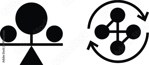 Balance Scale and Network Cycle Icon Illustration Representing Stability, Equality, System Balance, Connectivity, Process Flow, and Strategic Optimization Concepts