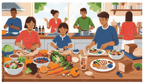 Family Cooking Together in a Bright Modern Kitchen Setting