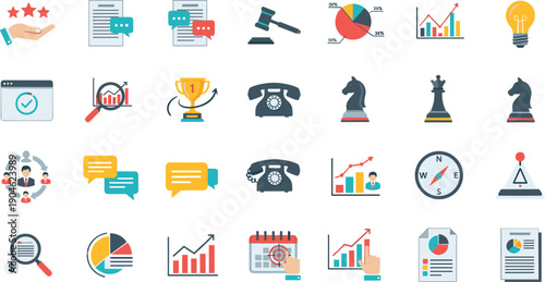 Business and Marketing Flat Icon Set Featuring Analytics, Strategy, Communication, Success Metrics, Finance Charts, Planning Tools, and Corporate Performance Symbols for Digital Design