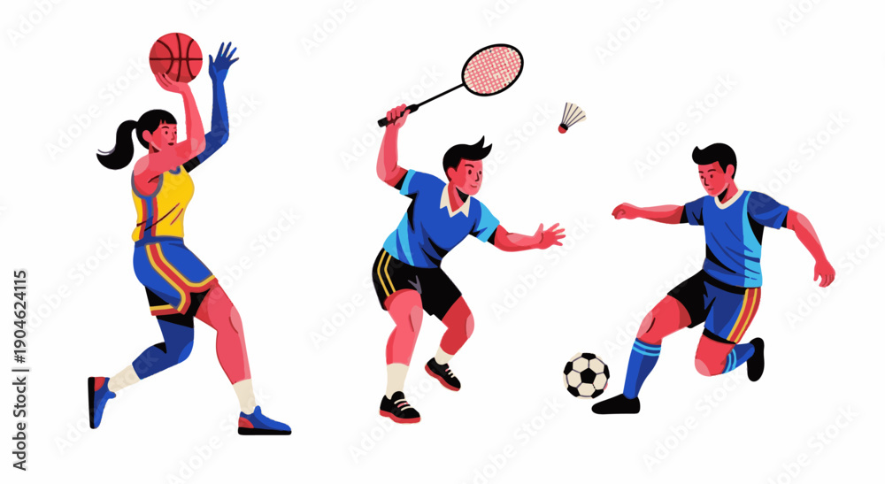 Fototapeta premium Dynamic Illustration of Athletes Playing Basketball, Badminton, and Soccer