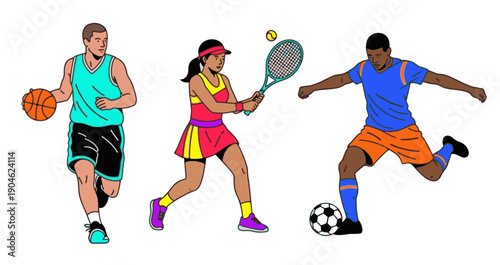 Illustration of Diverse Athletes Playing Basketball, Tennis, and Soccer