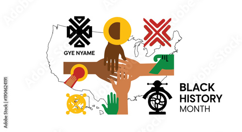 Black History Month USA diverse hands unity symbols
