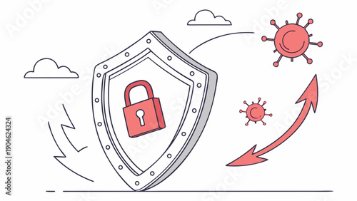 A vector graphic illustration of a shield with a padlock protecting against viruses and malware
