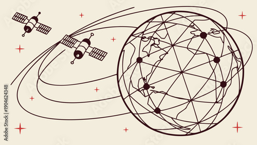 A minimalist vector graphic illustration of satellites orbiting the Earth with a network connection