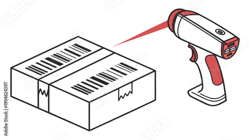 A vector graphic illustration of a barcode scanner reading a package barcode