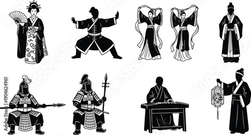 Traditional Asian cultural silhouette characters set showing kimono geisha samurai dancers musicians martial arts isolated white background vector illustration design collection