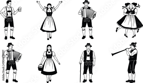 Traditional Bavarian folk people illustration showing Oktoberfest costumes dancing musicians beer drinking cultural celebration isolated on white background vintage style vector set