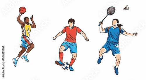 Vector illustration of athletes playing basketball, soccer, and badminton