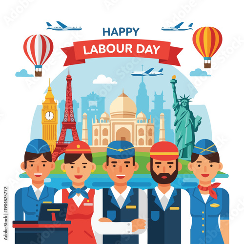 Cheerful illustration of travel workers and landmarks, celebrating Labour Day