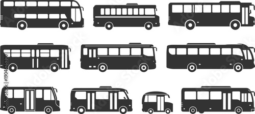 Collection of city bus silhouette icons illustrating public transportation, urban mobility systems, passenger transit vehicles, and modern municipal travel design variations
