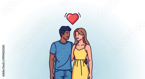 Loving couple with heart above them man and woman in blue and yellow romantic illustration