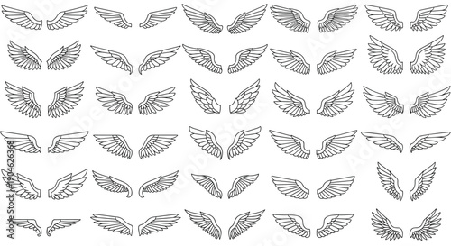 Massive collection of forty pairs of bird and angel wings in diverse artistic styles offers a wide range of symbolic graphic elements.