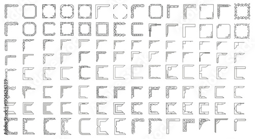 Comprehensive grid of sixty geometric and minimal corner border designs provides a versatile toolkit for modern graphic design projects.