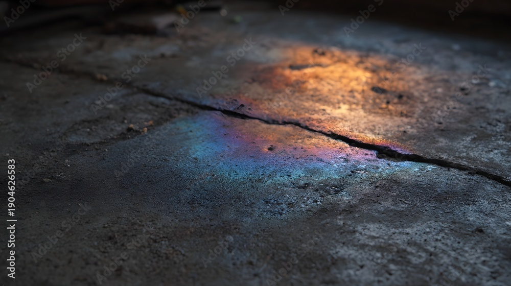Fototapeta premium Close up of an iridescent oil stain shimmering with rainbow colors on a cracked concrete floor illuminated by light