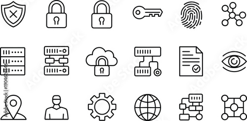 Minimal cybersecurity and data protection line icons featuring authentication, encryption, cloud security, network infrastructure, and digital privacy technology concepts for modern systems