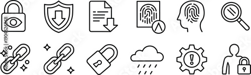 Minimal cybersecurity and data protection line icons set featuring lock, fingerprint, shield, privacy, authentication, secure cloud, chain, settings, and user access concepts