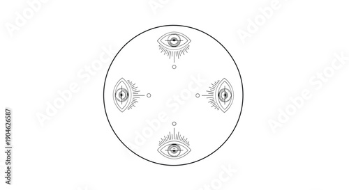 Unique circular emblem featuring four symmetrical stylized eye symbols with radiant lines and dots in a clean black line art style.