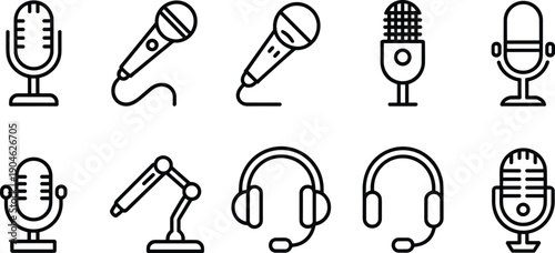 Minimal line icons collection featuring microphones headphones and studio audio devices for podcast recording broadcasting streaming and voice communication applications design