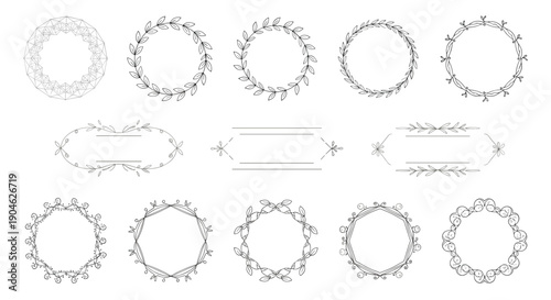Elegant collection of circular and oval floral wreaths and frames featuring delicate hand drawn leaf and blossom line art elements for organic branding.