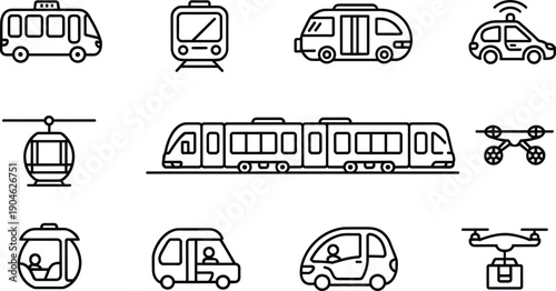 Minimal line icons set featuring public transport vehicles autonomous cars drones trains cable cars and urban mobility transportation concepts