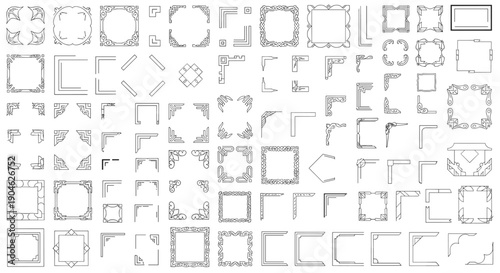 Comprehensive collection of decorative corner ornaments and geometric frames in various line weights for elegant page layout designs and book formatting.
