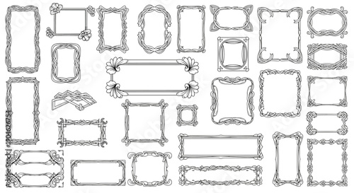 Extensive set of rectangular decorative frames and borders with various classical and modern line art styles for professional stationery and print media.