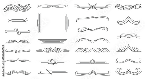 Selection of abstract decorative line elements and horizontal dividers for enhancing typography and creating structured page layouts for editorial design.