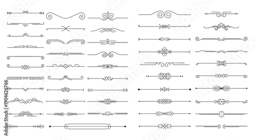 Wide variety of simple horizontal line dividers and flourishes for organizing text and adding elegant touches to document designs and digital layouts.