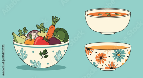 Hand drawn illustration of a bowl filled with fresh vegetables alongside two smaller bowls of soup on a calming teal blue background for food themes.