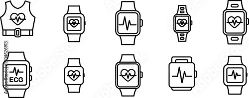 Minimal smartwatch and wearable health monitoring line icons set featuring heart rate, ECG, fitness tracker, medical technology interface digital wellness