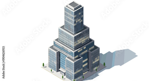 Isometric view of a modern skyscraper office building with many windows and a distinctive tiered architectural structure on a white base.
