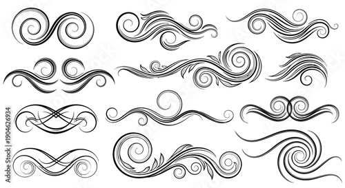 Assortment of elegant decorative swirls and curly flourishes in a vintage hand-drawn style for wedding invitations and graphic design.