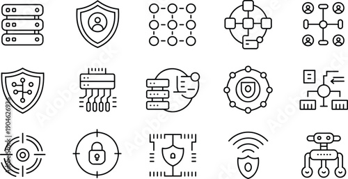 Modern cybersecurity and network protection line icon set featuring secure servers, user privacy, encrypted systems, digital monitoring, and secure communication technology symbols