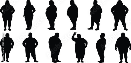 Obese people silhouette set showing overweight body types in different standing poses, health awareness, medical obesity concept, and lifestyle diversity