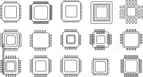 Set of microchip processor line icons representing computer hardware, semiconductor technology, integrated circuits, and electronic components for modern digital devices and systems