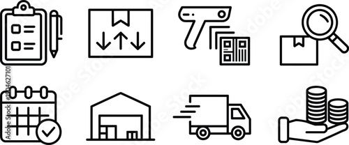 Set of logistics and warehouse management line icons featuring shipping, inventory tracking, delivery services, scheduling, and supply chain business operations concepts