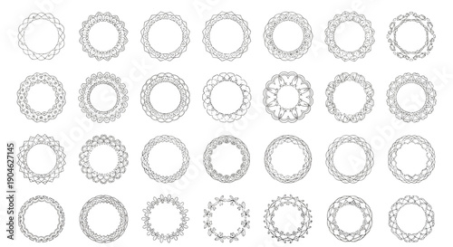 Large assortment of delicate circular floral wreaths and ornamental frames in various detailed black and white line art designs.