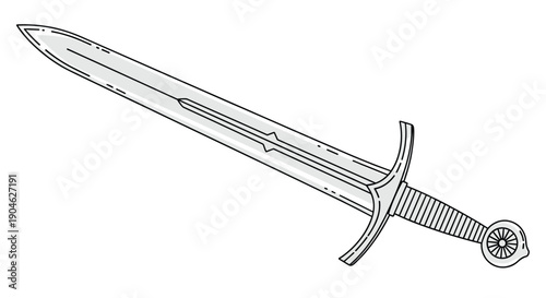 Simple black and white line art illustration of a classic medieval broadsword with a straight blade, crossguard, and round pommel.