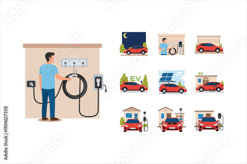 Electric car charging at home with various illustrations of charging scenarios and ecofriendly energy