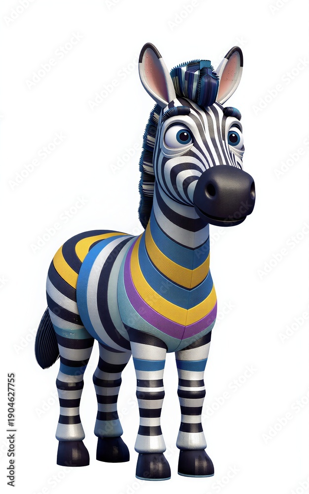 Naklejka premium Colorful cartoon zebra with vibrant stripes, big eyes, and playful expression.