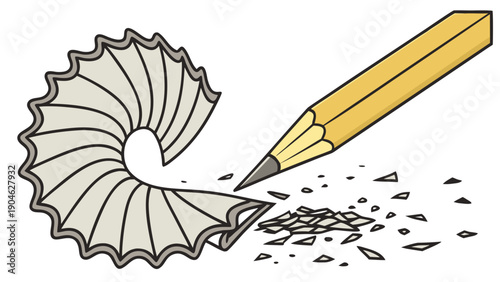 A vector graphic illustration of a pencil being sharpened with a pencil sharpener
