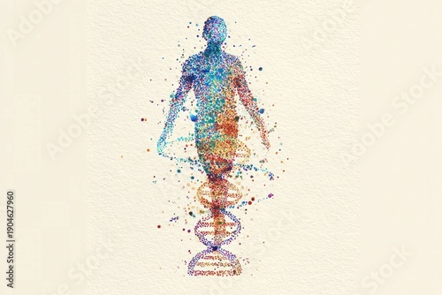 Human figure composed of colorful particles standing above a double helix dna strand symbolizing genetics, science, biology, and digital technology concept.