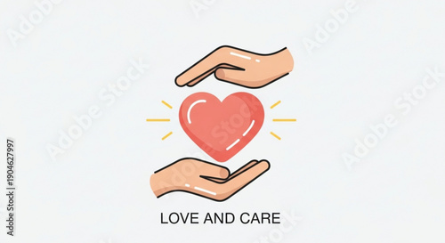 Two hands cradling a glowing red heart with love and care concept on white background