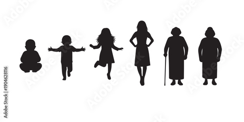 Silhouettes of six people in various poses and attire